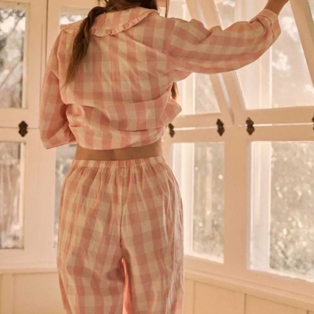 NWT Doen Paz Cotton Pink Ruffle Collar Pajama Blouse Top Rosette Gingham - Picture 5 of 11